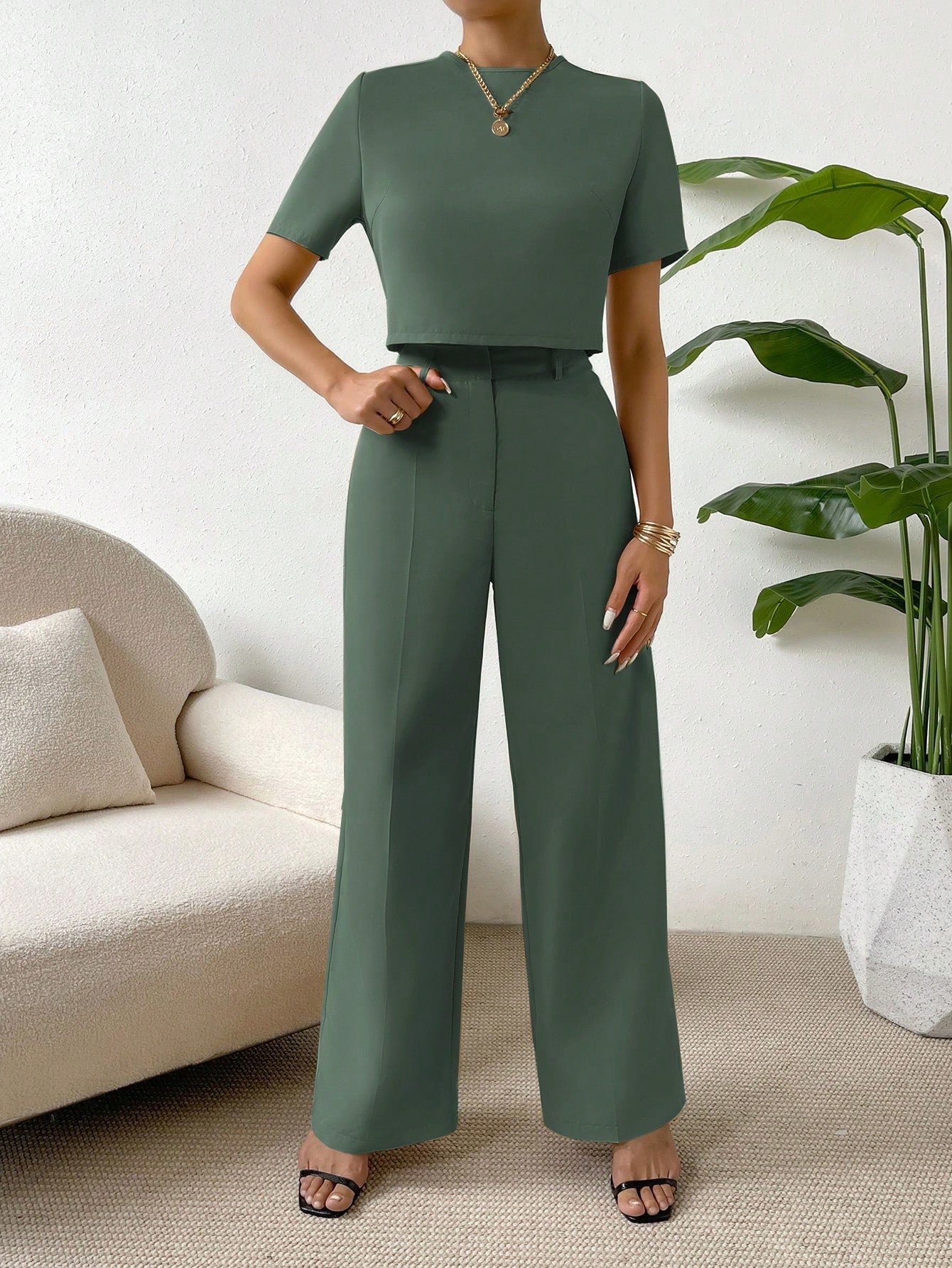 SHEIN Essnce Solid Tee & Wide Leg Pants - Negative Apparel