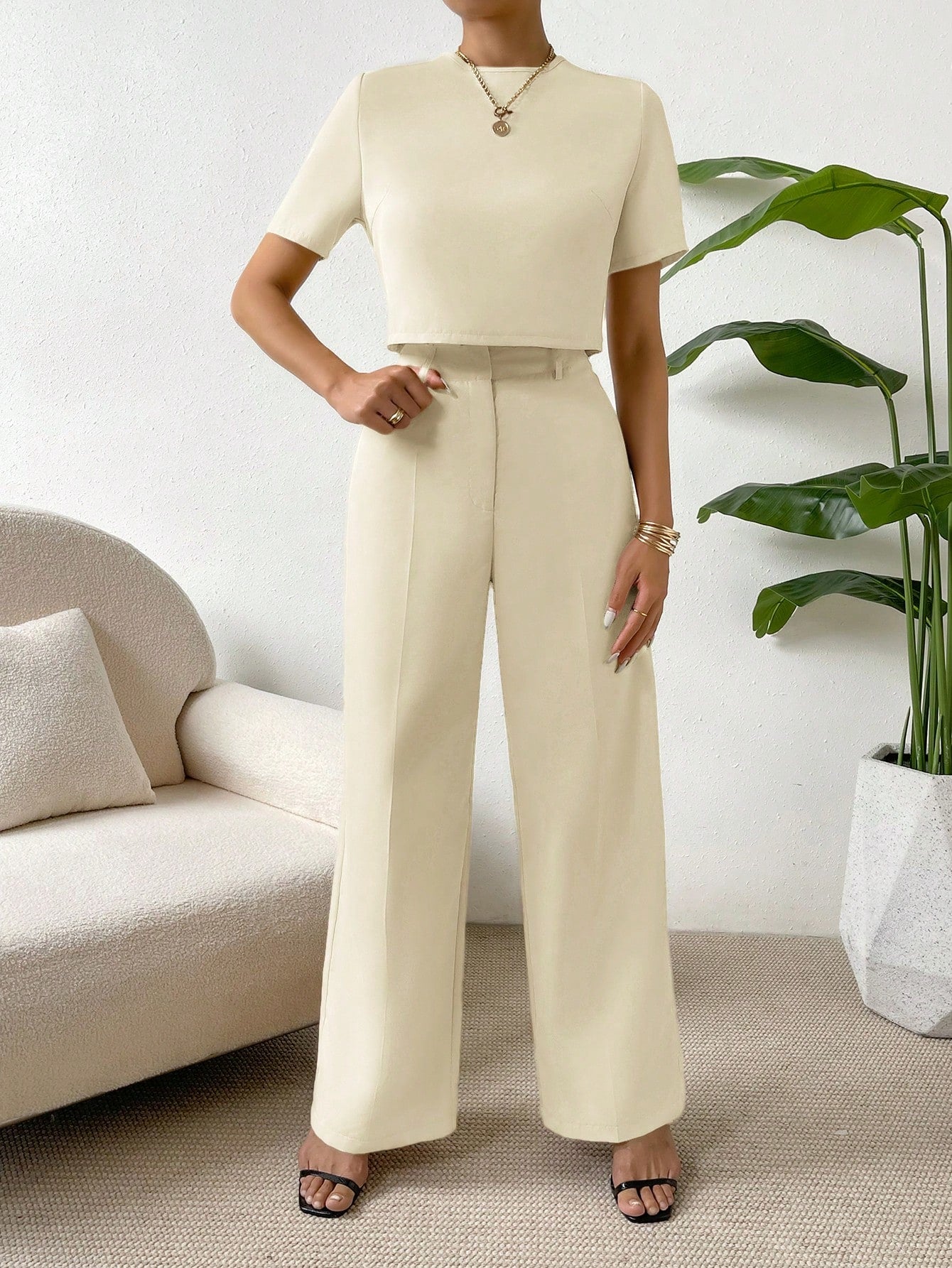 SHEIN Essnce Solid Tee & Wide Leg Pants - Negative Apparel
