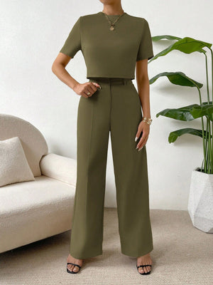 SHEIN Essnce Solid Tee & Wide Leg Pants - Negative Apparel