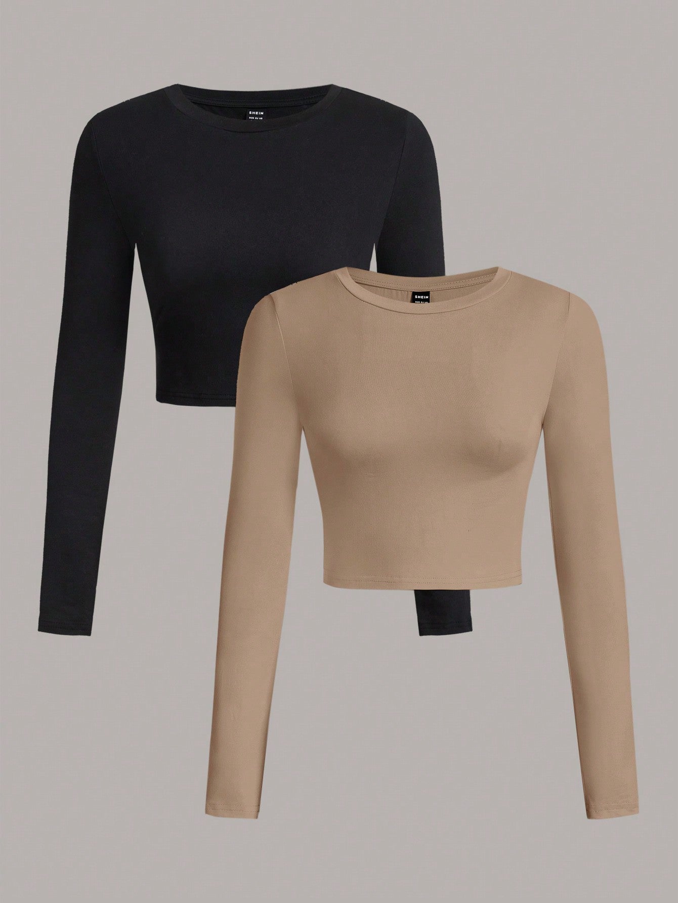 SHEIN EZwear 2pcs/Set Women Casual Crew Neck Long Sleeve Cropped Fitted T-Shirts, Suitable For Spring And Autumn And Winter - Negative Apparel