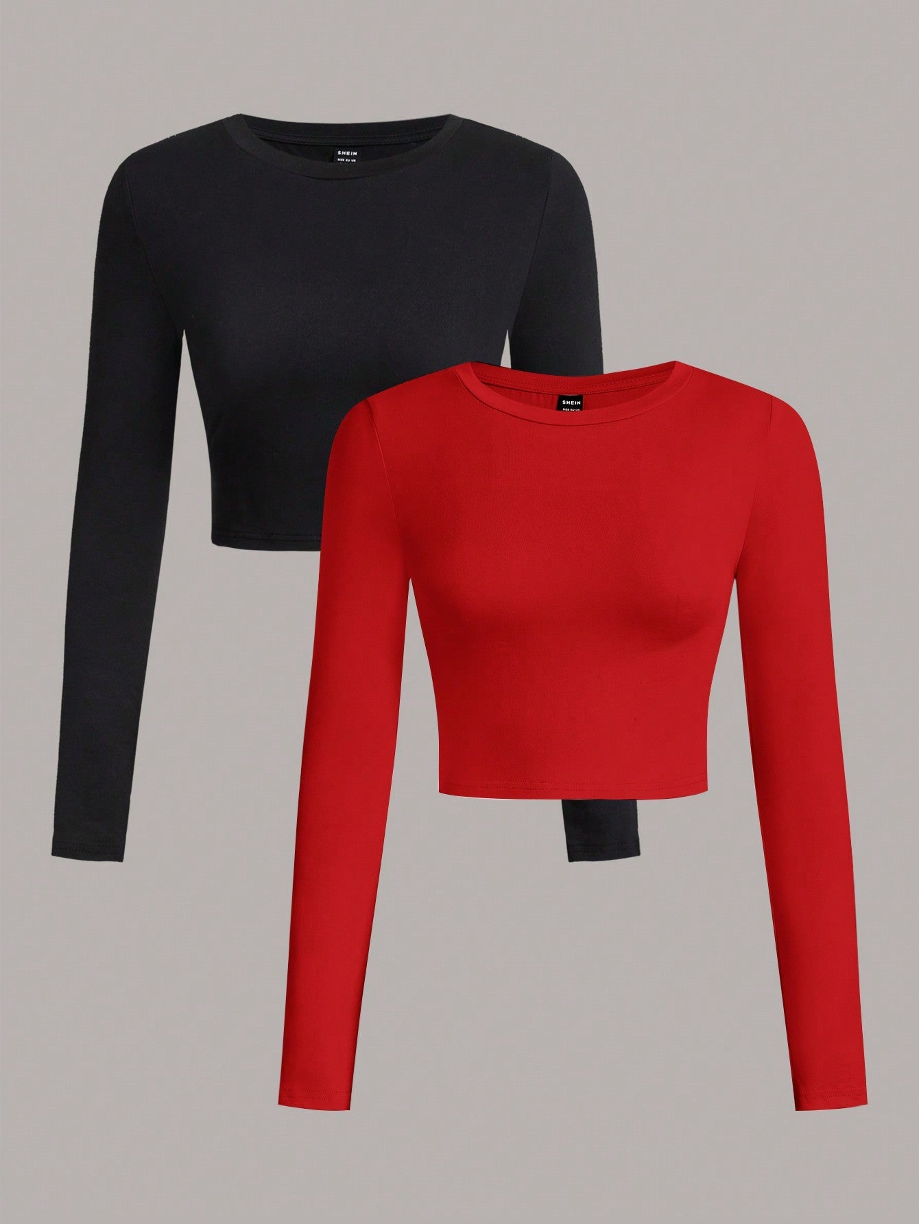 SHEIN EZwear 2pcs/Set Women Casual Crew Neck Long Sleeve Cropped Fitted T-Shirts, Suitable For Spring And Autumn And Winter - Negative Apparel