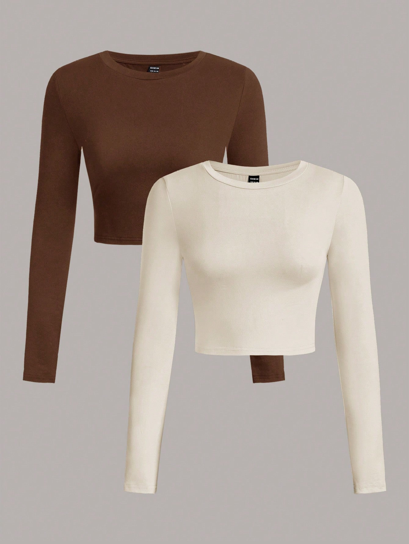 SHEIN EZwear 2pcs/Set Women Casual Crew Neck Long Sleeve Cropped Fitted T-Shirts, Suitable For Spring And Autumn And Winter - Negative Apparel