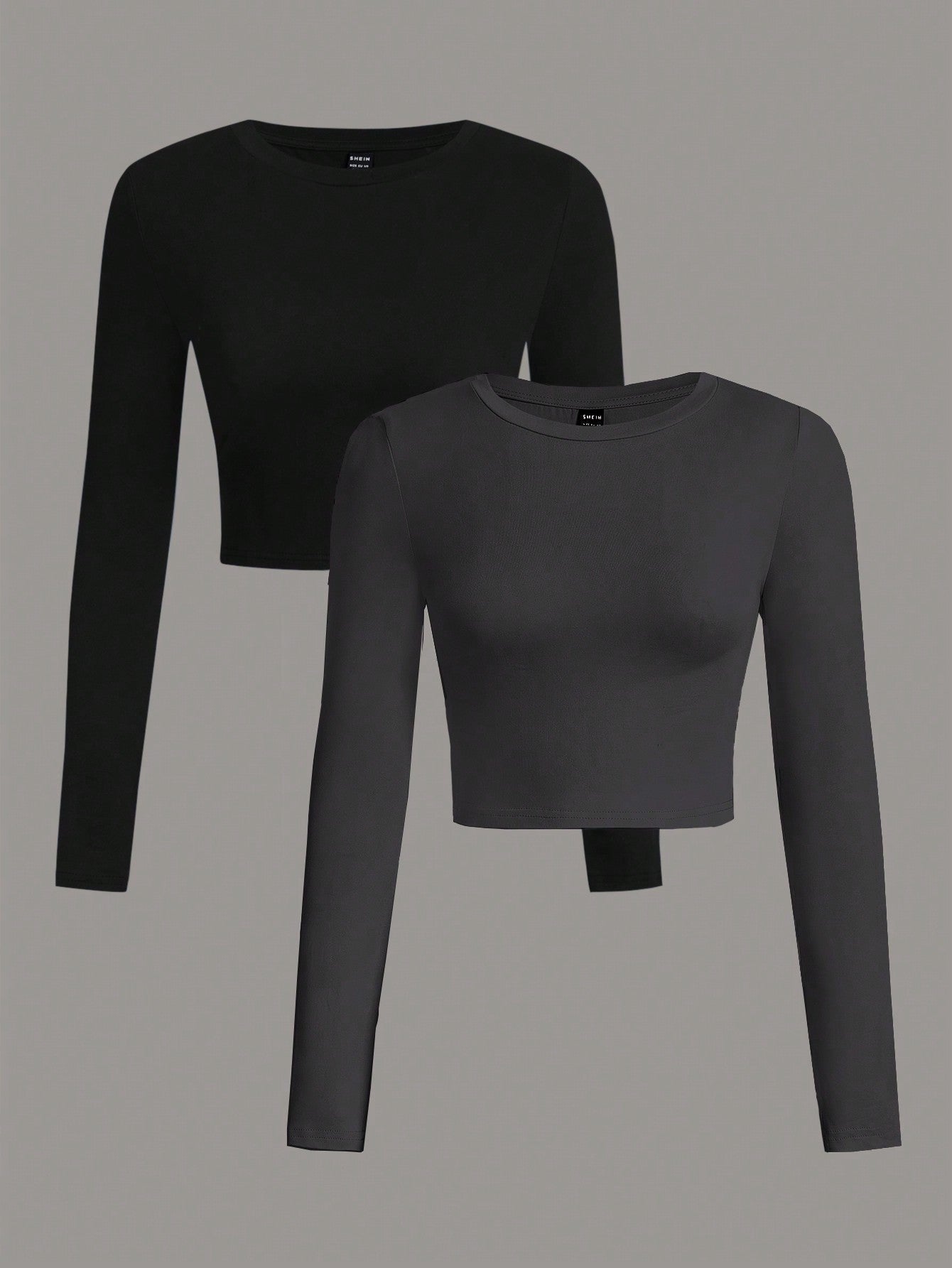 SHEIN EZwear 2pcs/Set Women Casual Crew Neck Long Sleeve Cropped Fitted T-Shirts, Suitable For Spring And Autumn And Winter - Negative Apparel