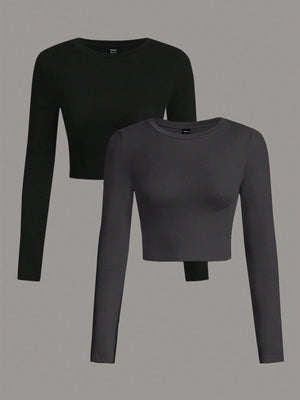 SHEIN EZwear 2pcs/Set Women Casual Crew Neck Long Sleeve Cropped Fitted T-Shirts, Suitable For Spring And Autumn And Winter - Negative Apparel