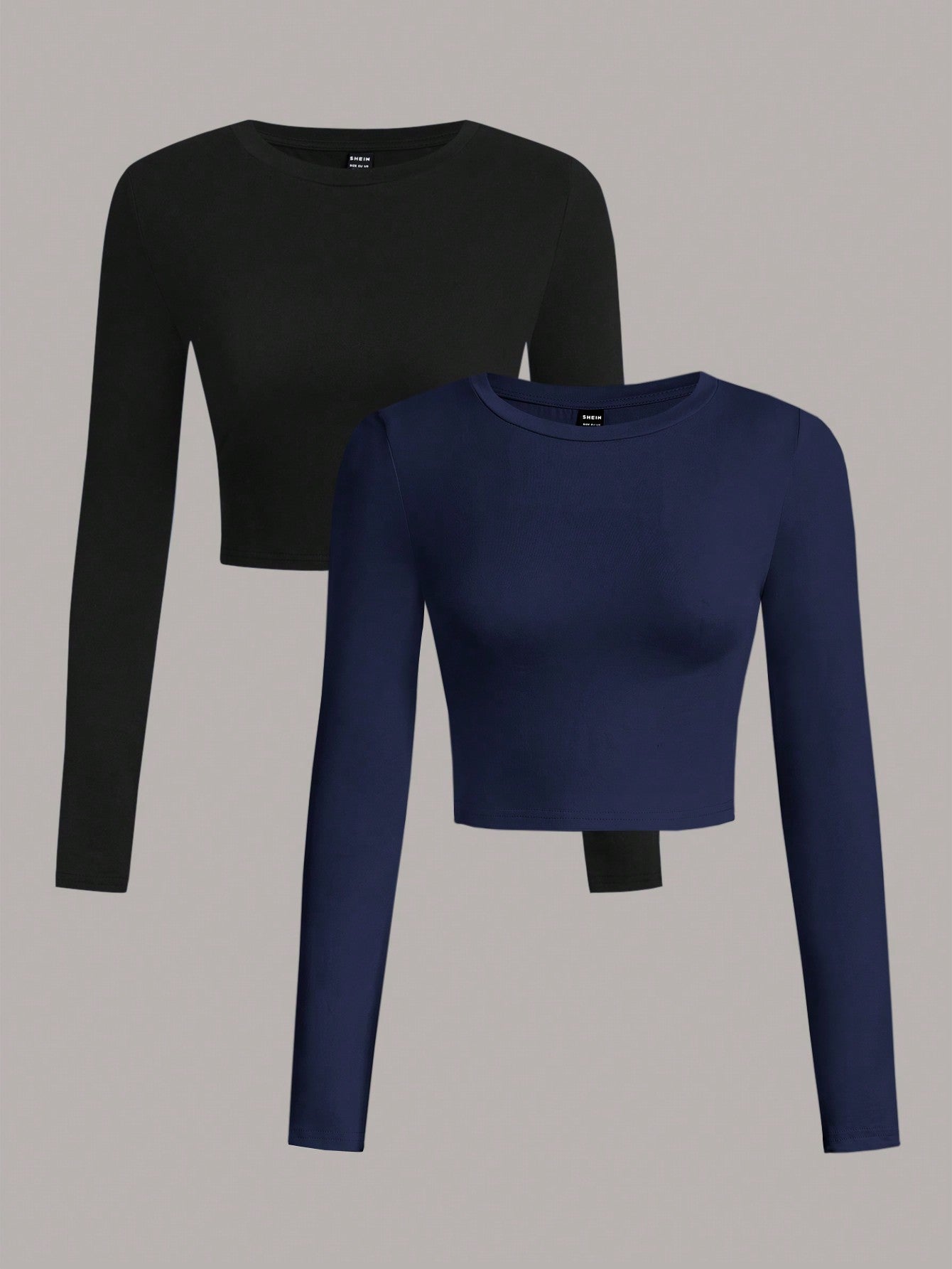 SHEIN EZwear 2pcs/Set Women Casual Crew Neck Long Sleeve Cropped Fitted T-Shirts, Suitable For Spring And Autumn And Winter - Negative Apparel