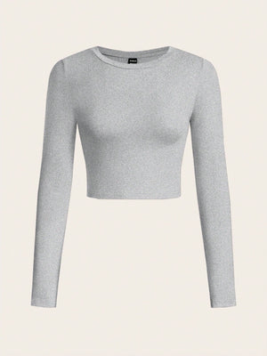 SHEIN EZwear 2pcs/Set Women Casual Crew Neck Long Sleeve Cropped Fitted T-Shirts, Suitable For Spring And Autumn And Winter - Negative Apparel