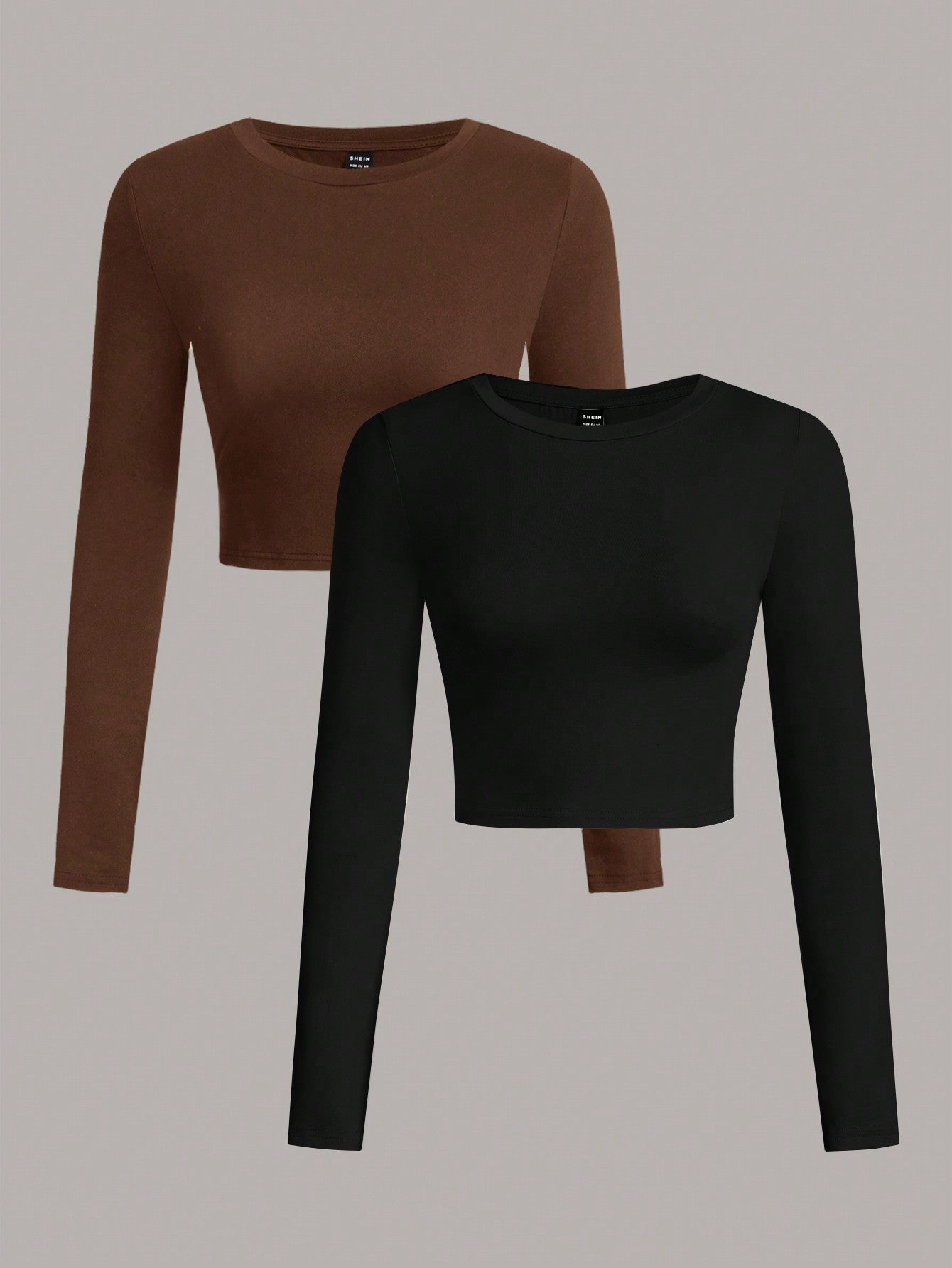 SHEIN EZwear 2pcs/Set Women Casual Crew Neck Long Sleeve Cropped Fitted T-Shirts, Suitable For Spring And Autumn And Winter - Negative Apparel