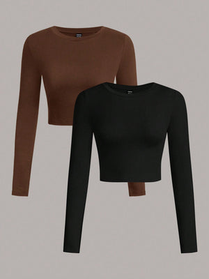 SHEIN EZwear 2pcs/Set Women Casual Crew Neck Long Sleeve Cropped Fitted T-Shirts, Suitable For Spring And Autumn And Winter - Negative Apparel