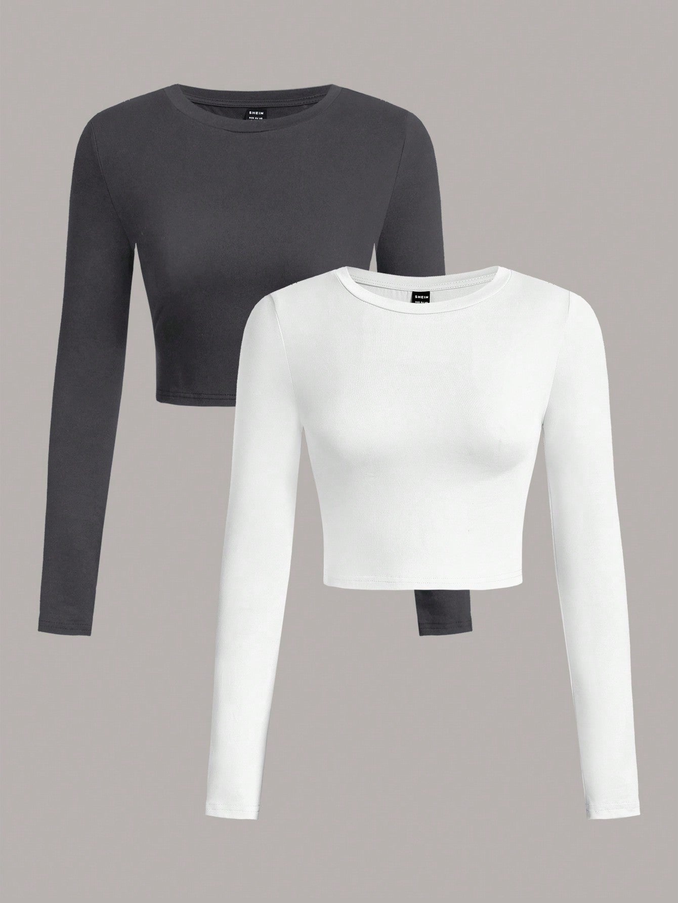 SHEIN EZwear 2pcs/Set Women Casual Crew Neck Long Sleeve Cropped Fitted T-Shirts, Suitable For Spring And Autumn And Winter - Negative Apparel