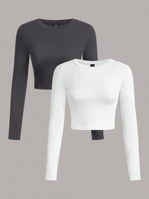 SHEIN EZwear 2pcs/Set Women Casual Crew Neck Long Sleeve Cropped Fitted T-Shirts, Suitable For Spring And Autumn And Winter - Negative Apparel