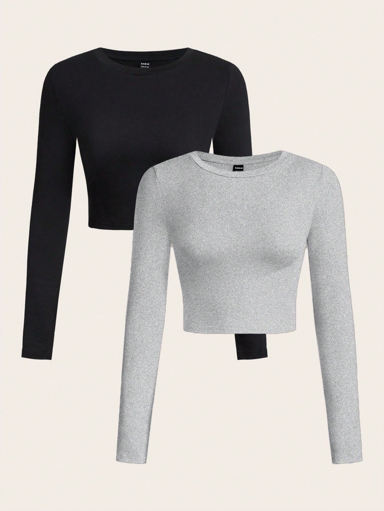 SHEIN EZwear 2pcs/Set Women Casual Crew Neck Long Sleeve Cropped Fitted T-Shirts, Suitable For Spring And Autumn And Winter - Negative Apparel