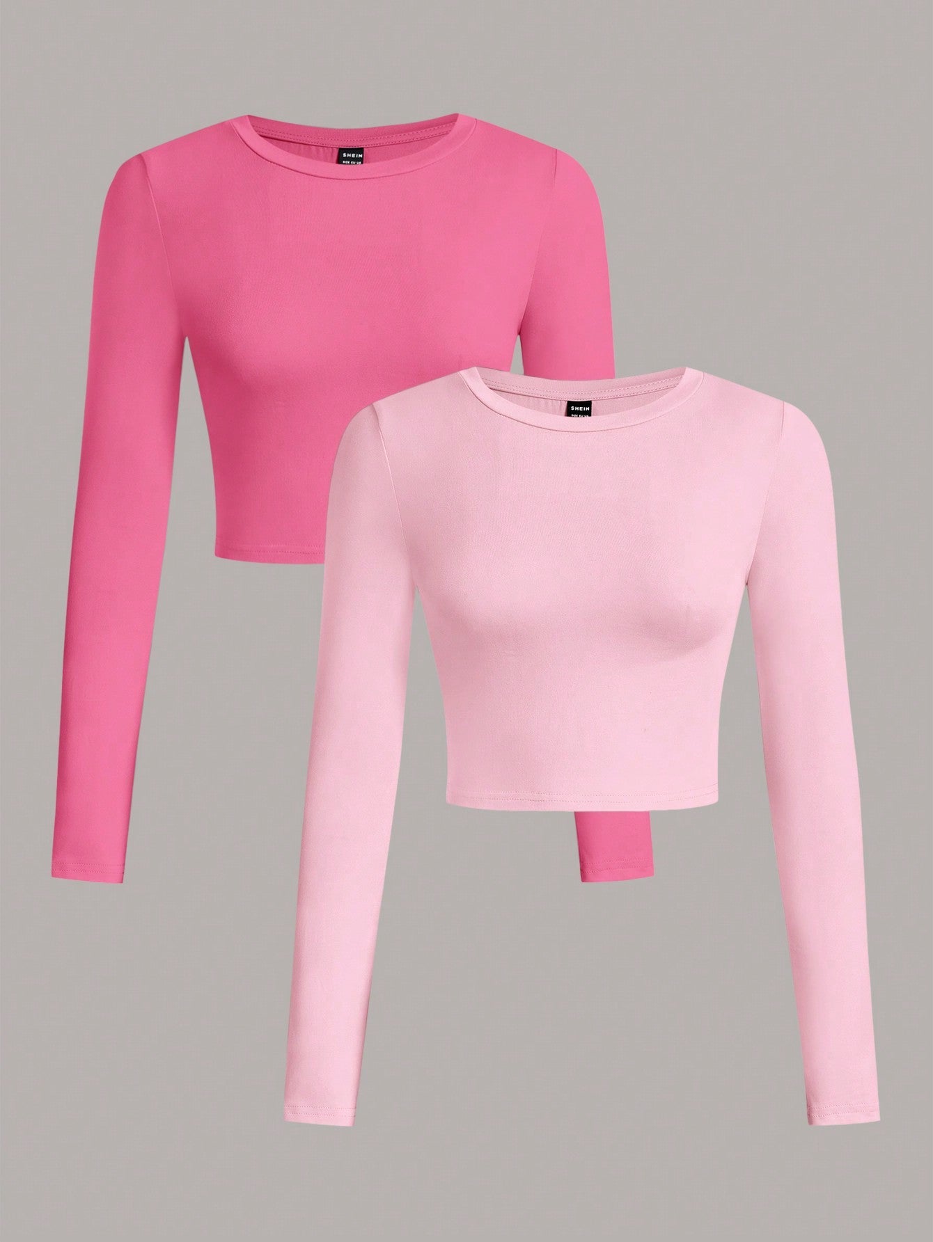 SHEIN EZwear 2pcs/Set Women Casual Crew Neck Long Sleeve Cropped Fitted T-Shirts, Suitable For Spring And Autumn And Winter - Negative Apparel