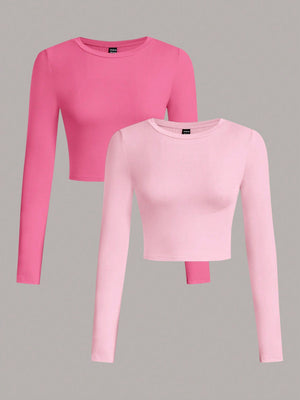 SHEIN EZwear 2pcs/Set Women Casual Crew Neck Long Sleeve Cropped Fitted T-Shirts, Suitable For Spring And Autumn And Winter - Negative Apparel