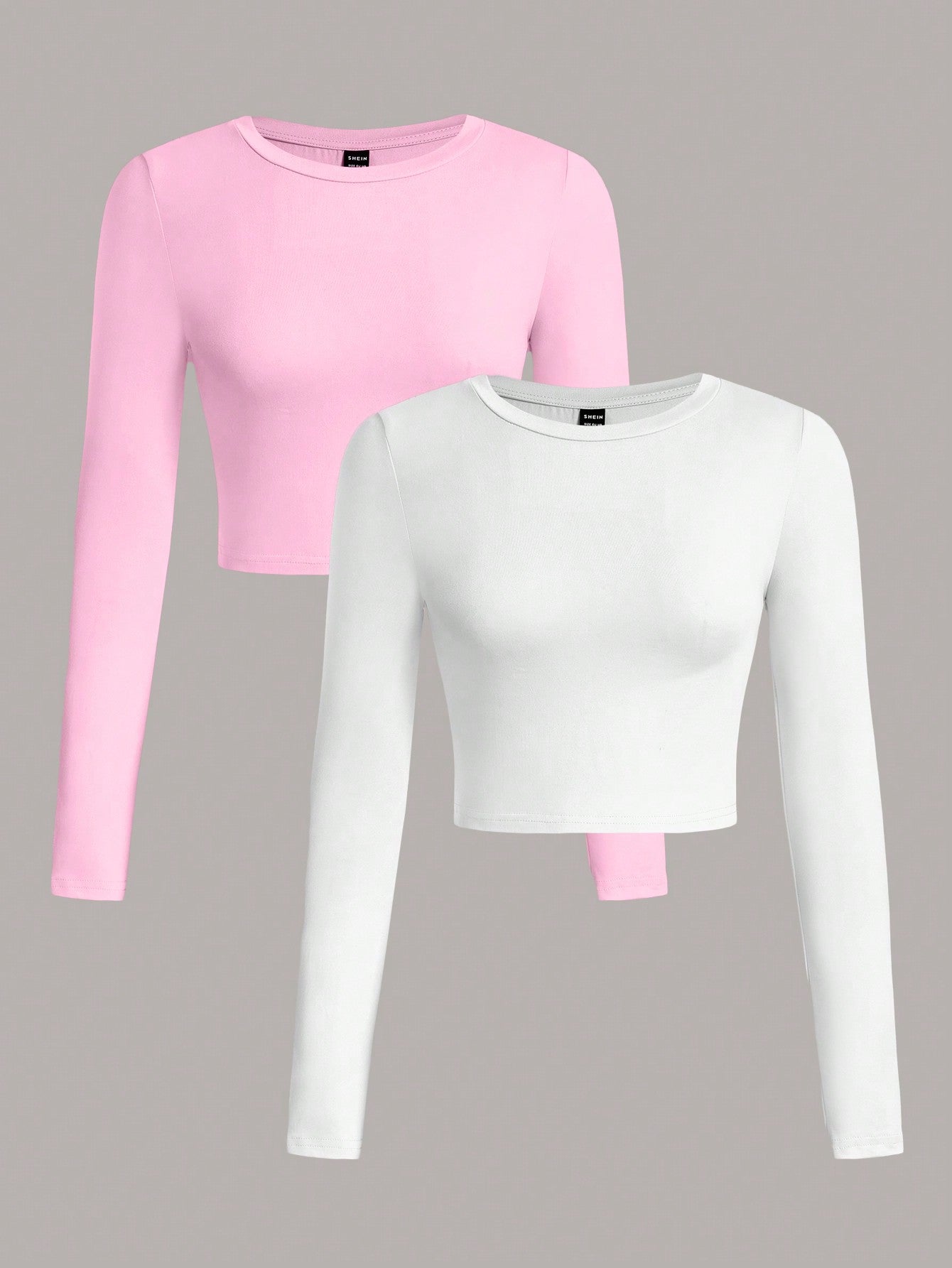 SHEIN EZwear 2pcs/Set Women Casual Crew Neck Long Sleeve Cropped Fitted T-Shirts, Suitable For Spring And Autumn And Winter - Negative Apparel