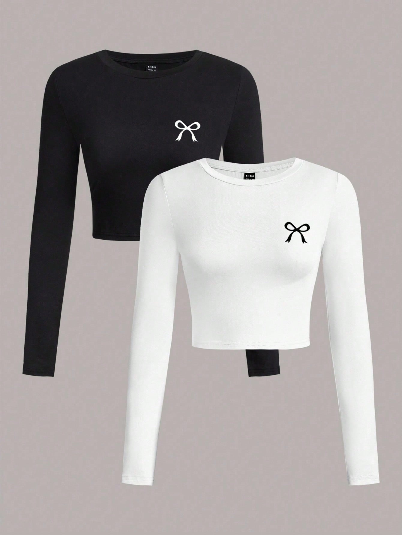 SHEIN EZwear 2pcs/Set Women Casual Crew Neck Long Sleeve Cropped Fitted T-Shirts, Suitable For Spring And Autumn And Winter - Negative Apparel