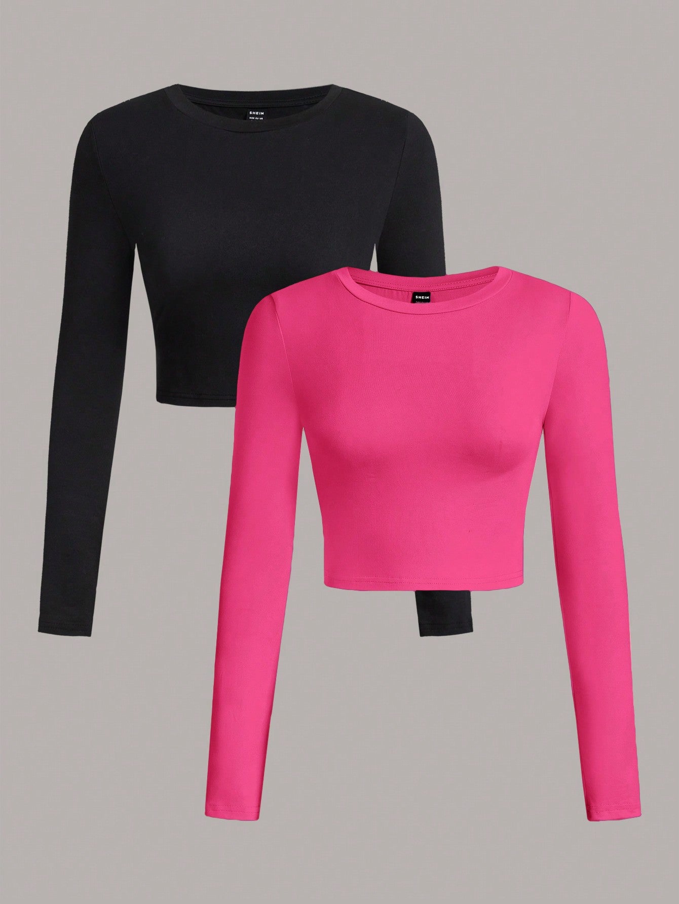 SHEIN EZwear 2pcs/Set Women Casual Crew Neck Long Sleeve Cropped Fitted T-Shirts, Suitable For Spring And Autumn And Winter - Negative Apparel