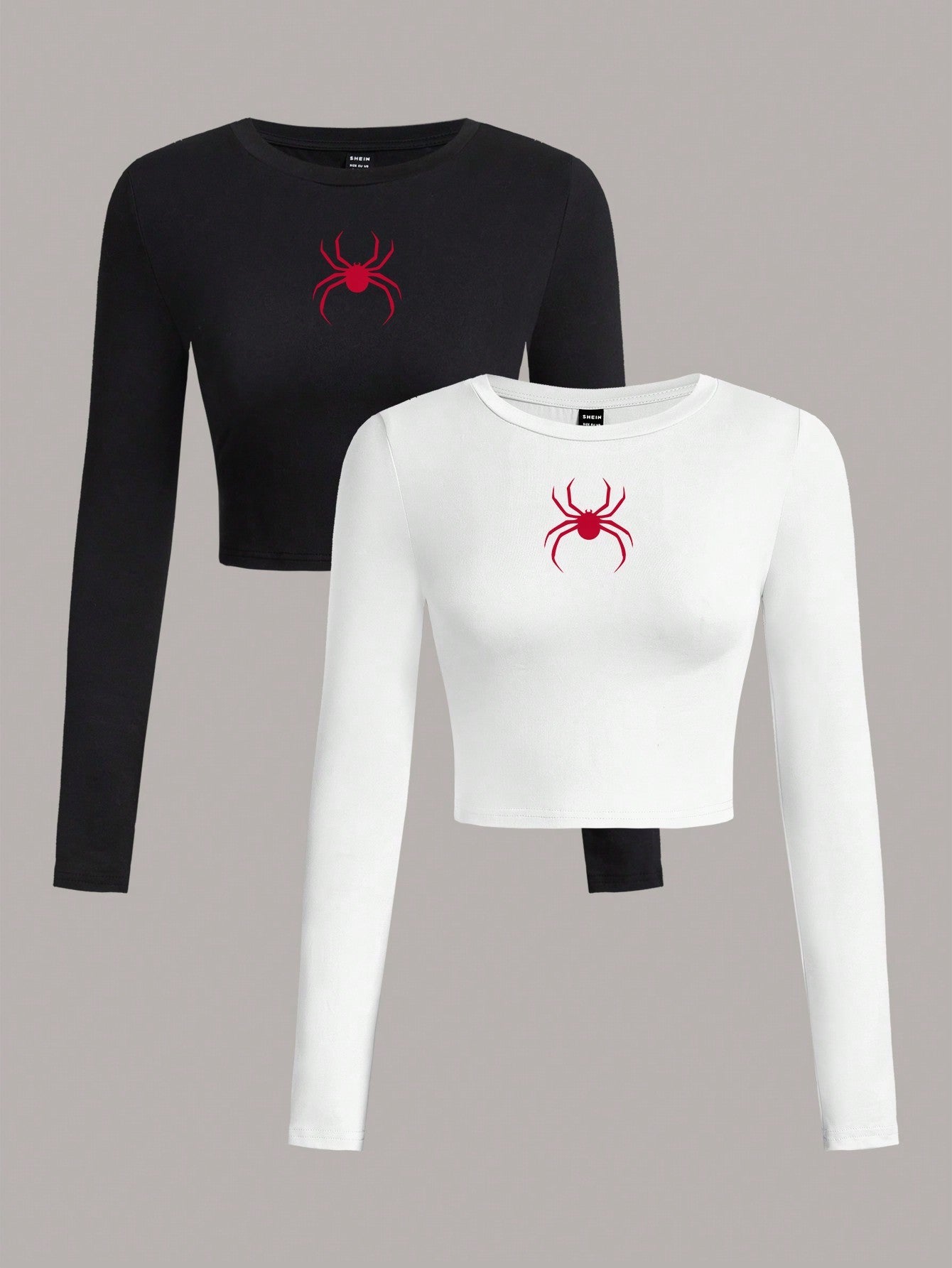 SHEIN EZwear 2pcs/Set Women Casual Crew Neck Long Sleeve Cropped Fitted T-Shirts, Suitable For Spring And Autumn And Winter - Negative Apparel