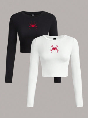 SHEIN EZwear 2pcs/Set Women Casual Crew Neck Long Sleeve Cropped Fitted T-Shirts, Suitable For Spring And Autumn And Winter - Negative Apparel