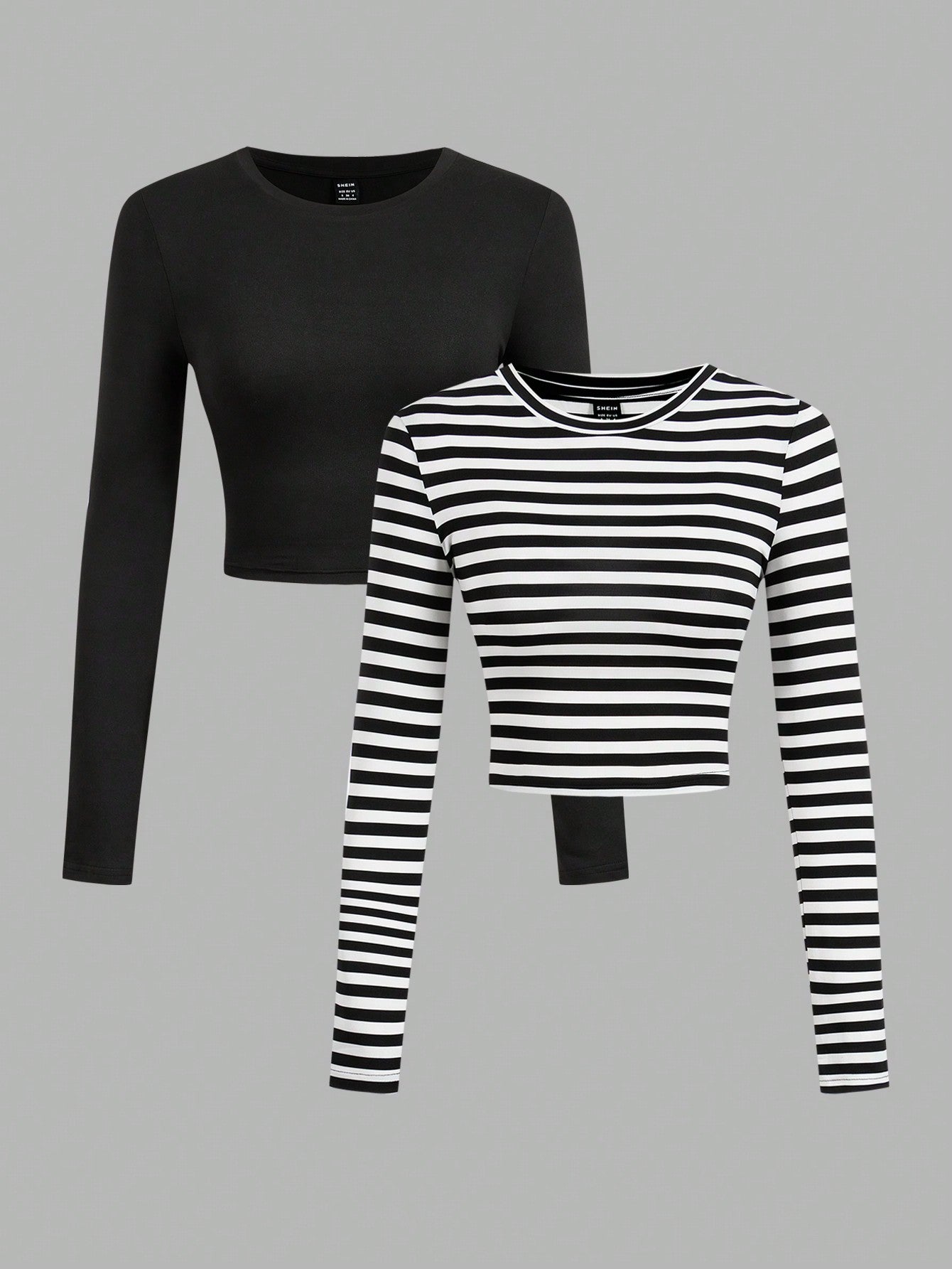 SHEIN EZwear 2pcs/Set Women Casual Crew Neck Long Sleeve Cropped Fitted T-Shirts, Suitable For Spring And Autumn And Winter - Negative Apparel