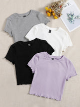 SHEIN EZwear 4pcs Lettuce Trim Rib Knit Tee - Negative Apparel
