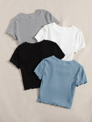 SHEIN EZwear 4pcs Lettuce Trim Rib Knit Tee - Negative Apparel