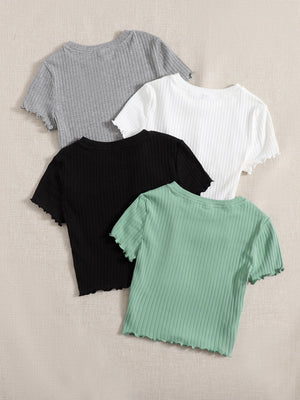 SHEIN EZwear 4pcs Lettuce Trim Rib Knit Tee - Negative Apparel