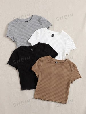 SHEIN EZwear 4pcs Lettuce Trim Rib Knit Tee - Negative Apparel