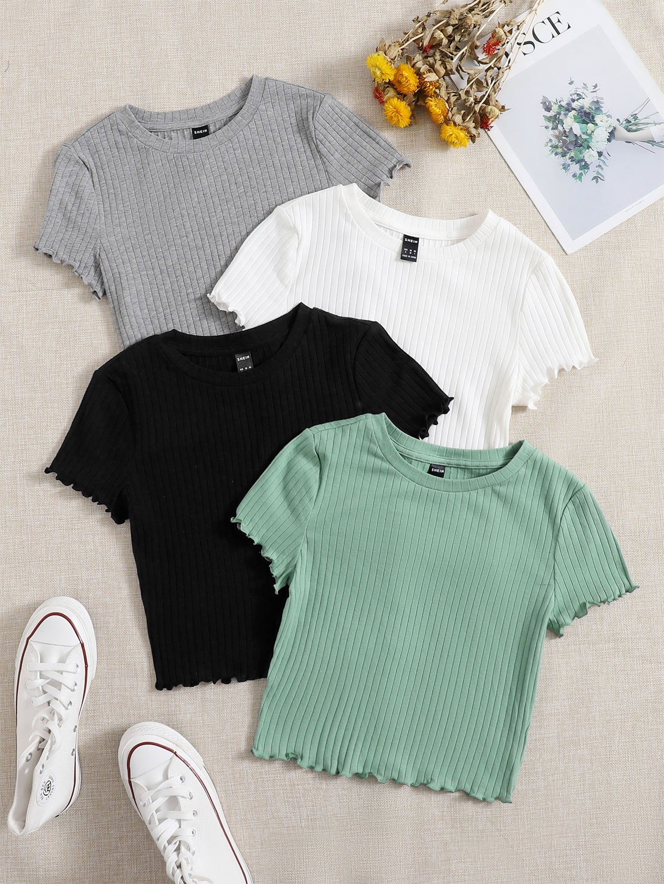 SHEIN EZwear 4pcs Lettuce Trim Rib Knit Tee - Negative Apparel