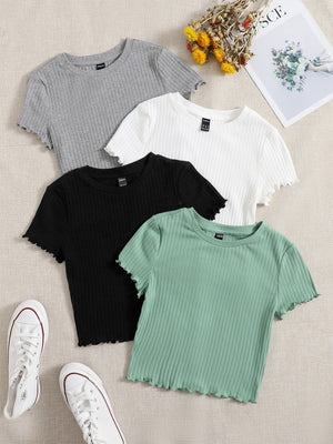 SHEIN EZwear 4pcs Lettuce Trim Rib Knit Tee - Negative Apparel