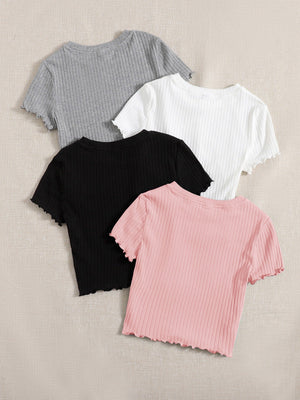 SHEIN EZwear 4pcs Lettuce Trim Rib Knit Tee - Negative Apparel