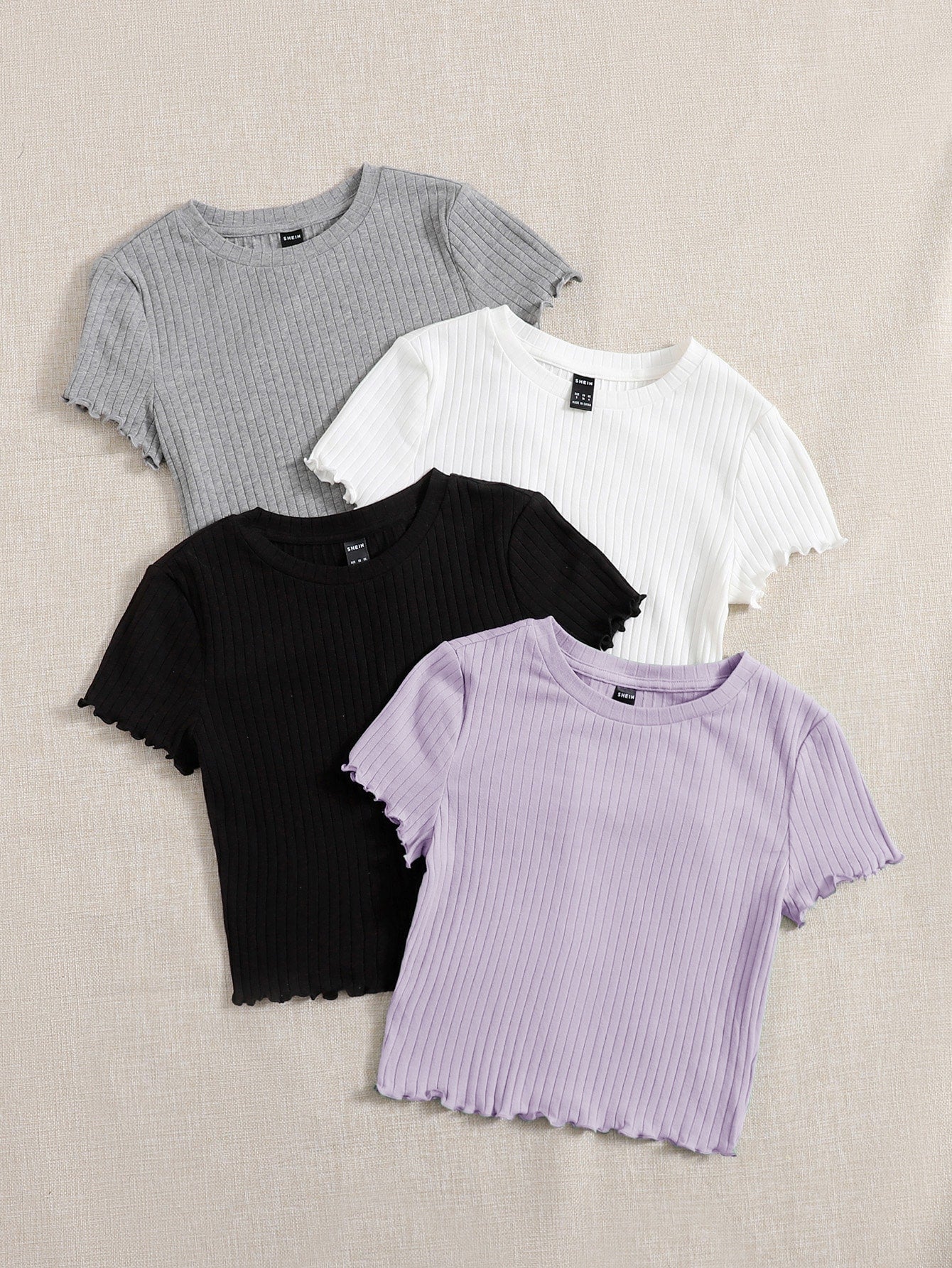 SHEIN EZwear 4pcs Lettuce Trim Rib Knit Tee - Negative Apparel
