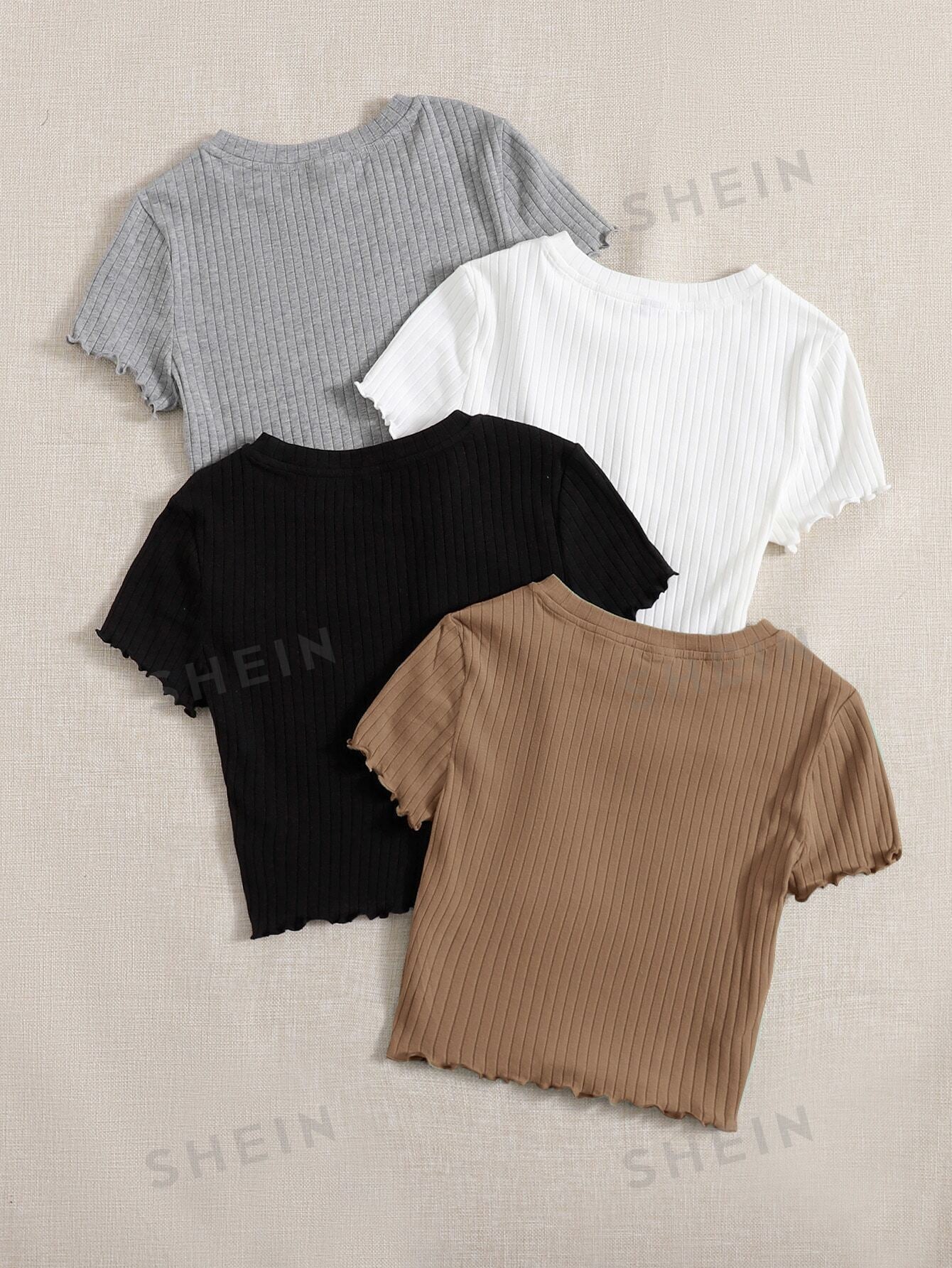 SHEIN EZwear 4pcs Lettuce Trim Rib Knit Tee - Negative Apparel