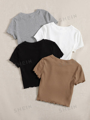 SHEIN EZwear 4pcs Lettuce Trim Rib Knit Tee - Negative Apparel