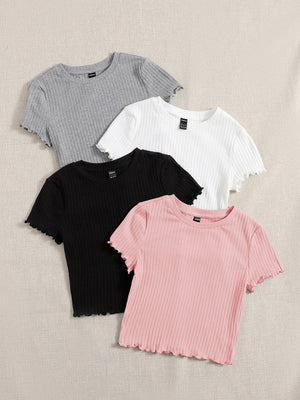 SHEIN EZwear 4pcs Lettuce Trim Rib Knit Tee - Negative Apparel
