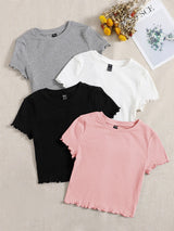 SHEIN EZwear 4pcs Lettuce Trim Rib Knit Tee - Negative Apparel
