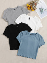 SHEIN EZwear 4pcs Lettuce Trim Rib Knit Tee - Negative Apparel