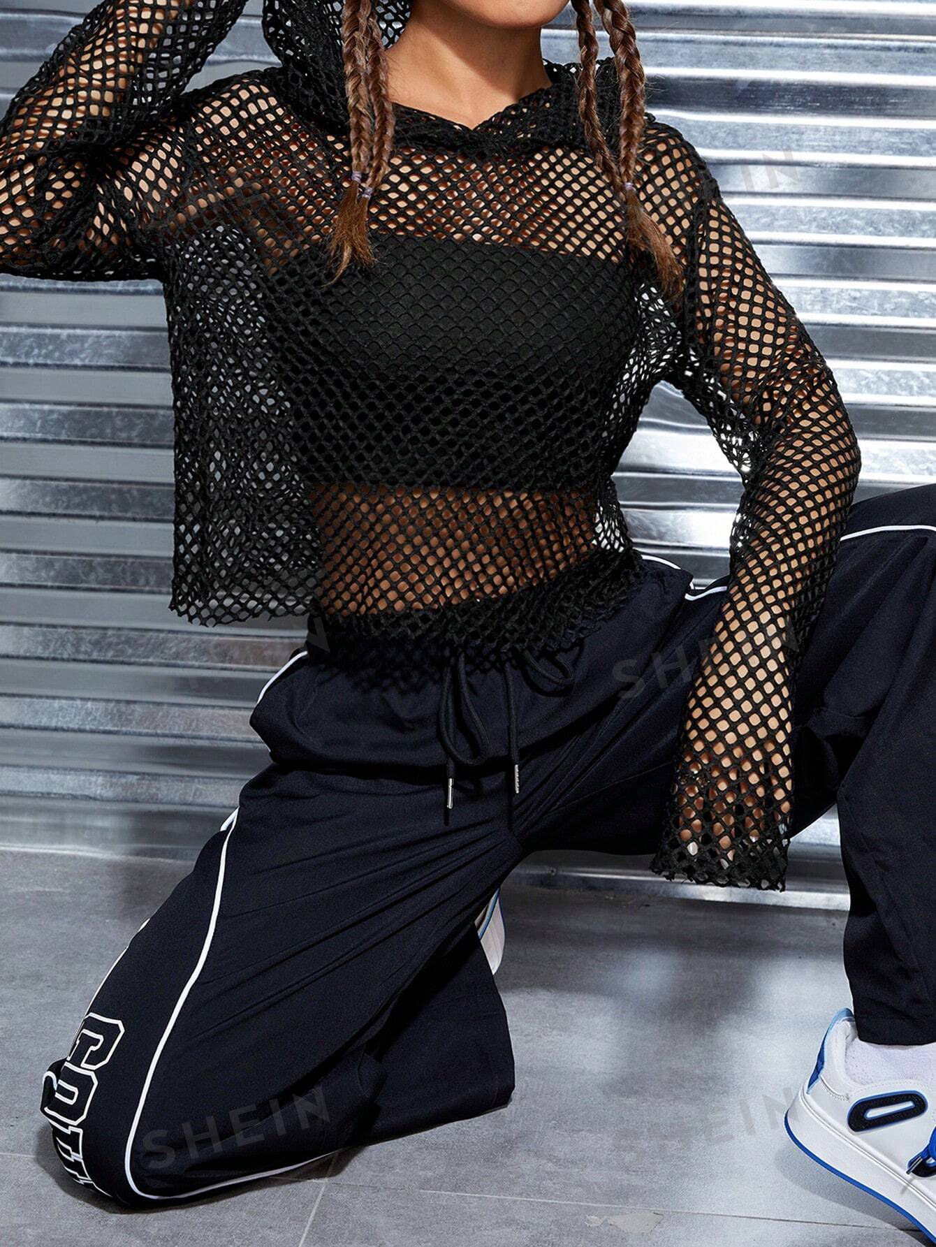SHEIN EZwear Hollow Off-Shoulder Fishnet Hooded Cropped Top (Camisole Not Included) - Negative Apparel