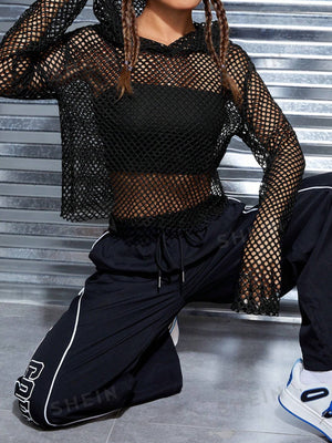 SHEIN EZwear Hollow Off-Shoulder Fishnet Hooded Cropped Top (Camisole Not Included) - Negative Apparel