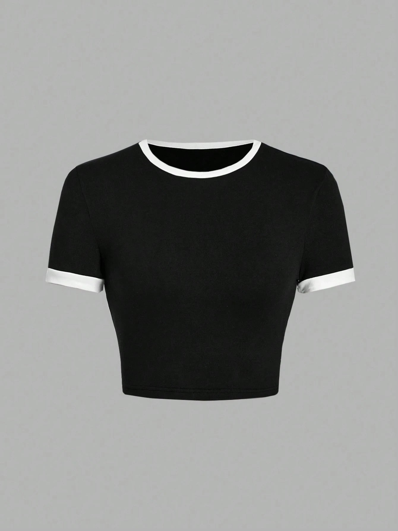 SHEIN EZwear Minimalist Contrast Color Round Neck Short Sleeve Fitted Tee Pullover For Women, Suitable For Summer Suitable For Going Out - Negative Apparel