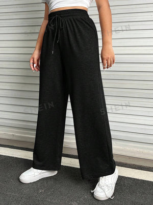 SHEIN EZwear Plus Drawstring Waist Wide Leg Sweatpants - Negative Apparel