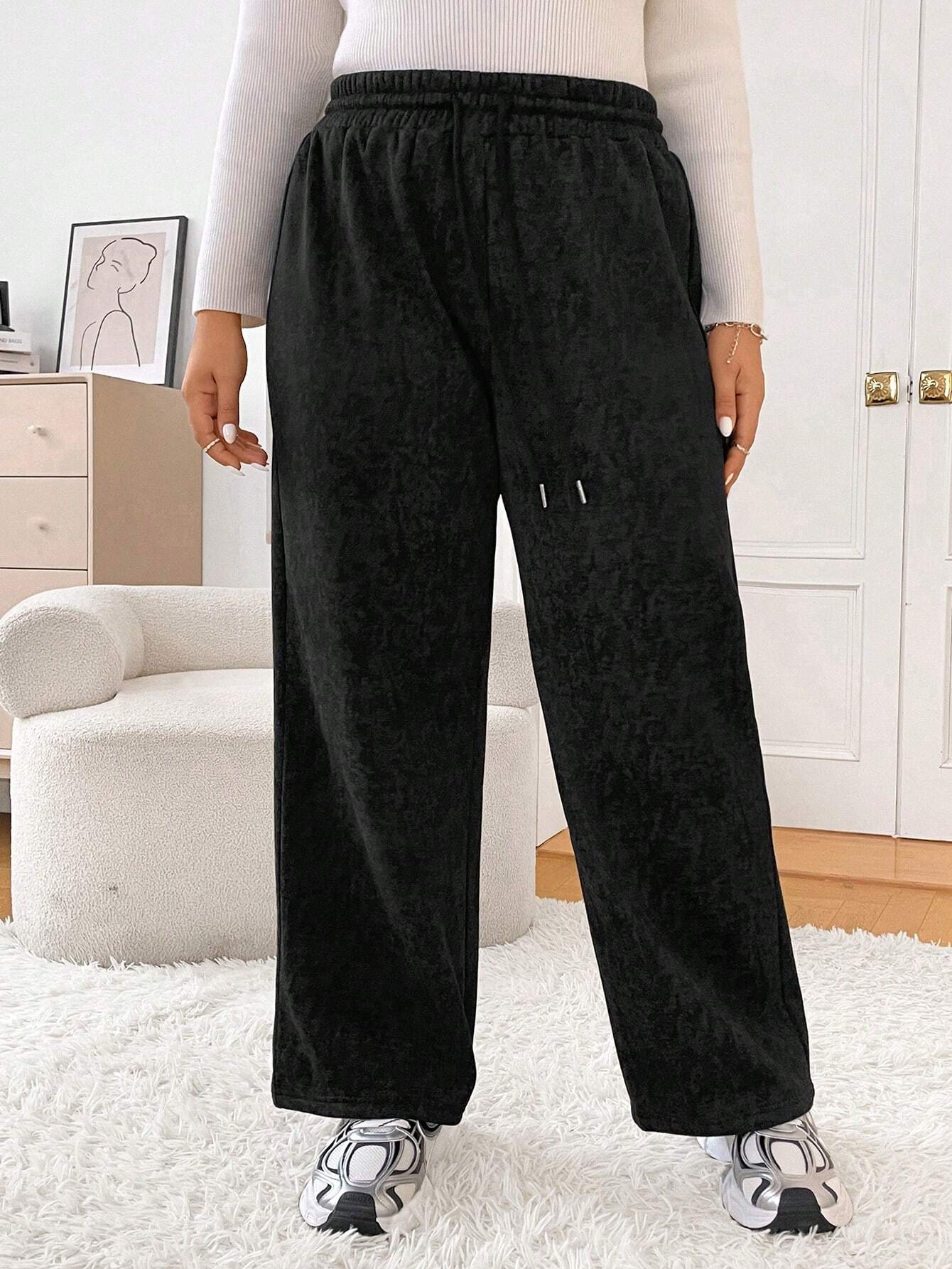 SHEIN EZwear Plus Drawstring Waist Wide Leg Sweatpants
