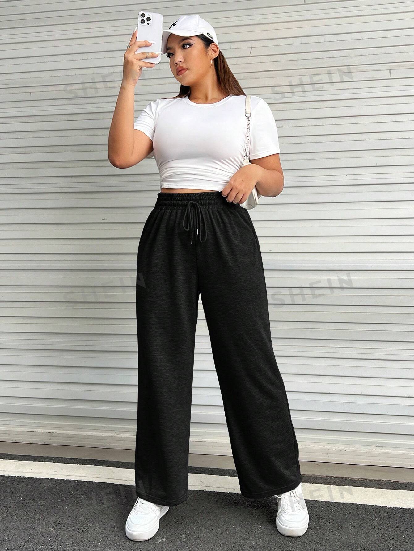 SHEIN EZwear Plus Drawstring Waist Wide Leg Sweatpants - Negative Apparel