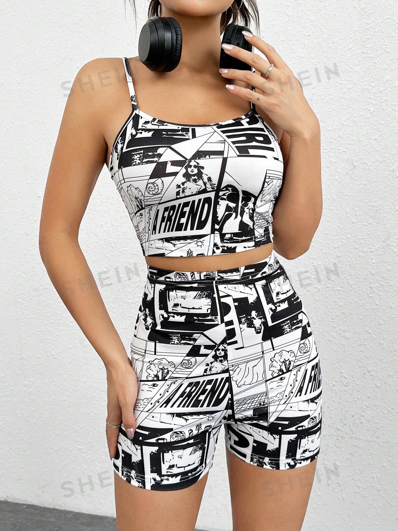 SHEIN EZwear Pop Art Print Cami Top & Biker Shorts - Negative Apparel