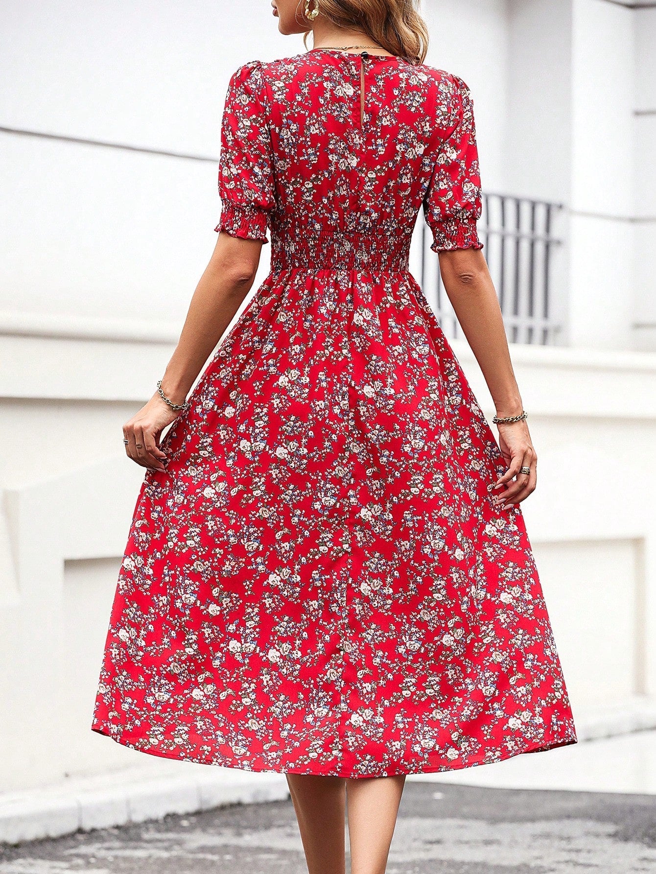 SHEIN Floral Print Puff Sleeve Dress - Negative Apparel