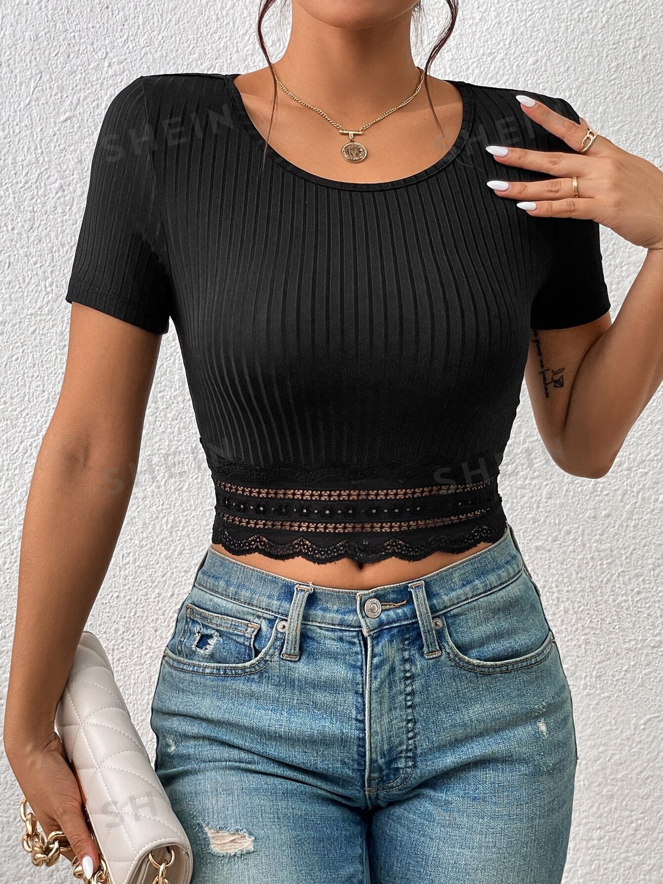SHEIN Frenchy Contrast Lace Ribbed Knit Crop Tee - Negative Apparel