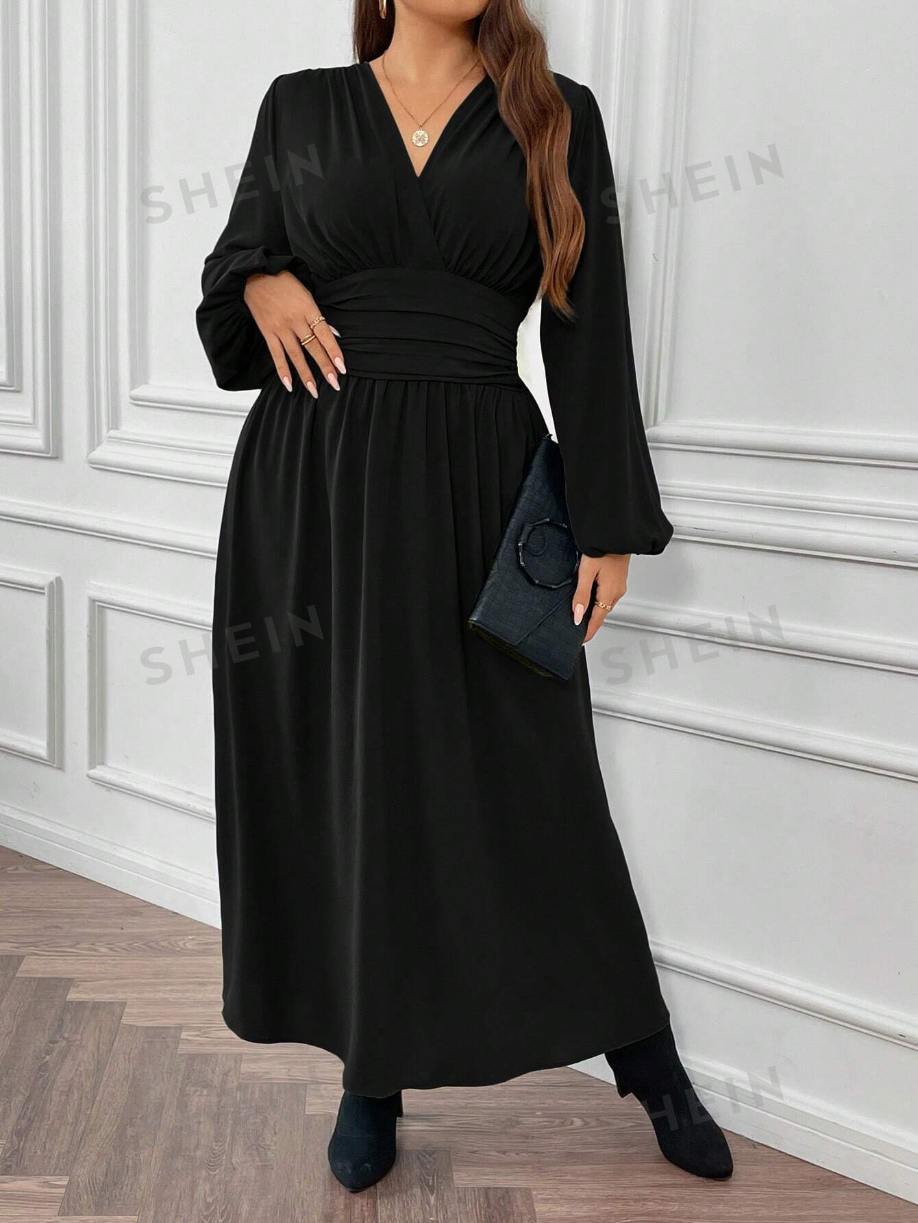 SHEIN Frenchy Plus Size Women's Pleated High Side Split Dress - Negative Apparel