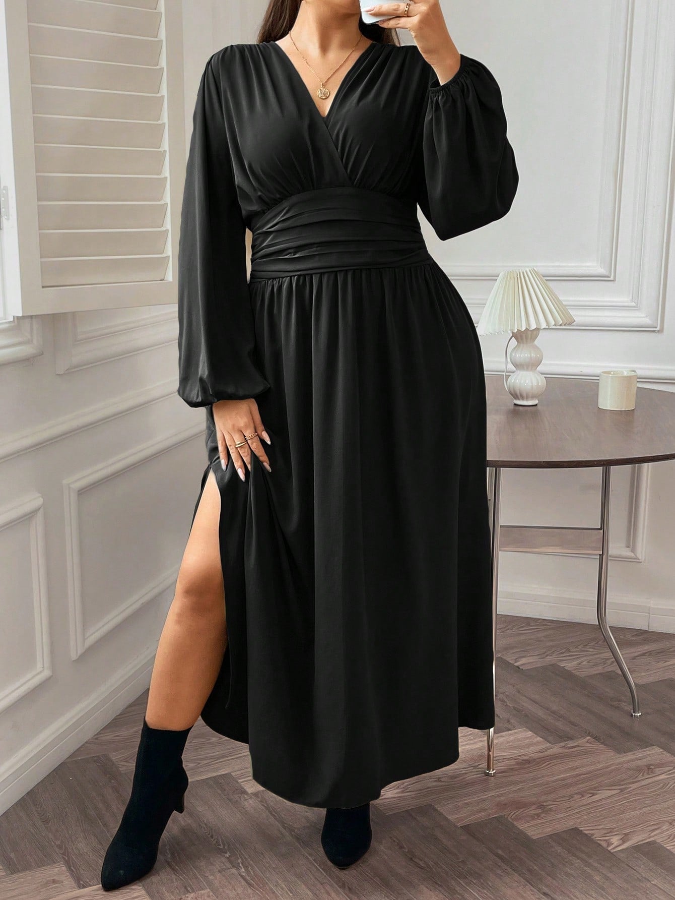 shein black dress plus size Frenchy Women's Pleated High Side Split Dres – Negative Apparel fix tag Exclusive Snowdrop Asymmetric Cotton-Blend Color:Wine Red