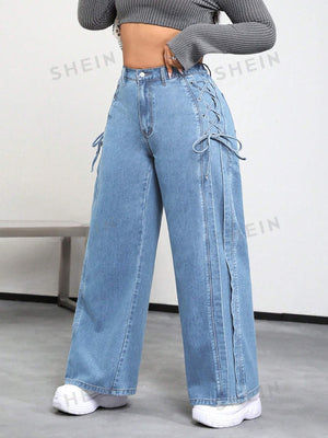 SHEIN ICON Plus Lace Up Side Wide Leg Jeans - Negative Apparel