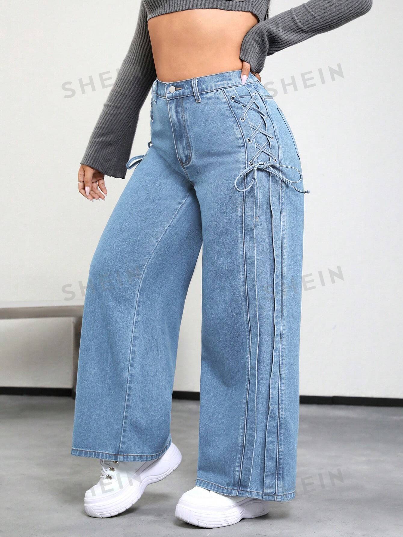 SHEIN ICON Plus Lace Up Side Wide Leg Jeans - Negative Apparel