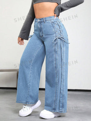 SHEIN ICON Plus Lace Up Side Wide Leg Jeans - Negative Apparel